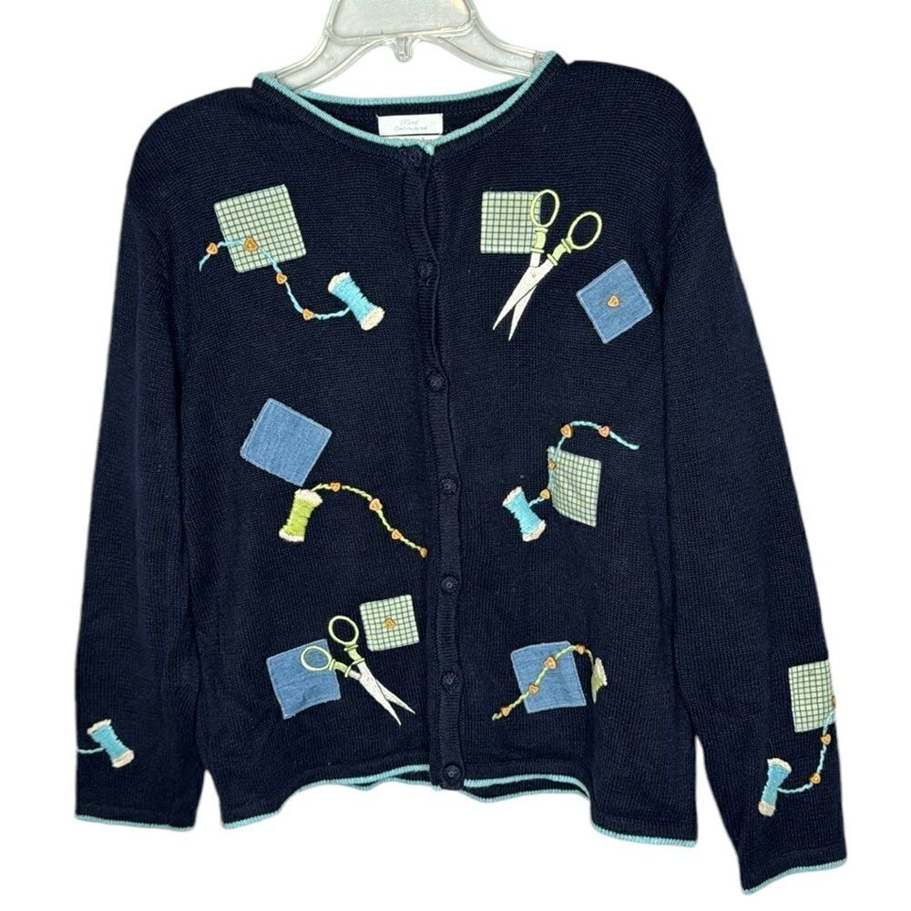 Christopher & Banks Y2K Embroidered Sewing Motif Cardigan Sweater. Size Large.